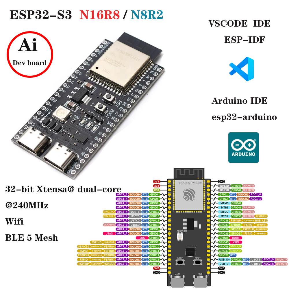 Esp32 S3 Development Board Lot - 확장 어댑터 키트가 포함된 ESP32-S3 개발